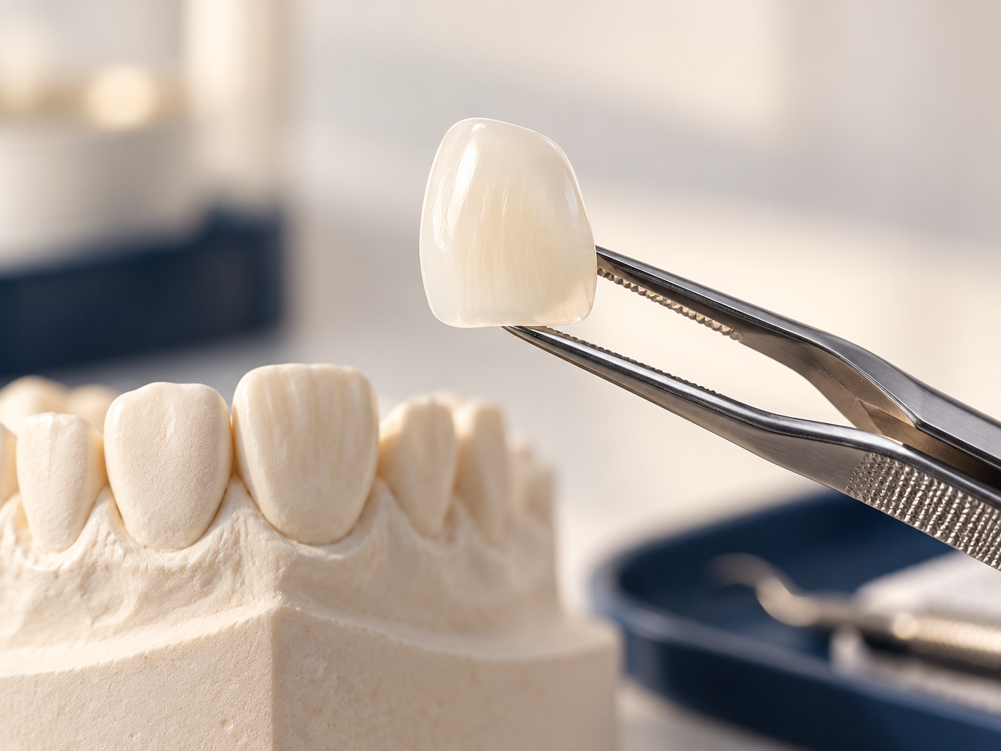 Lente de porcelana em uma pinça odontológica