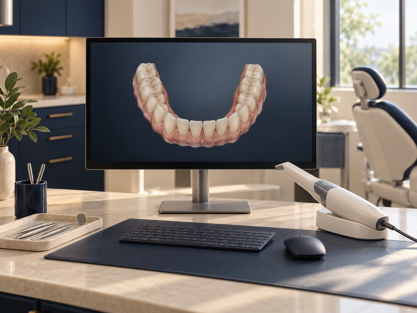 Planejamento digital de uma arcada dentária em um monitor